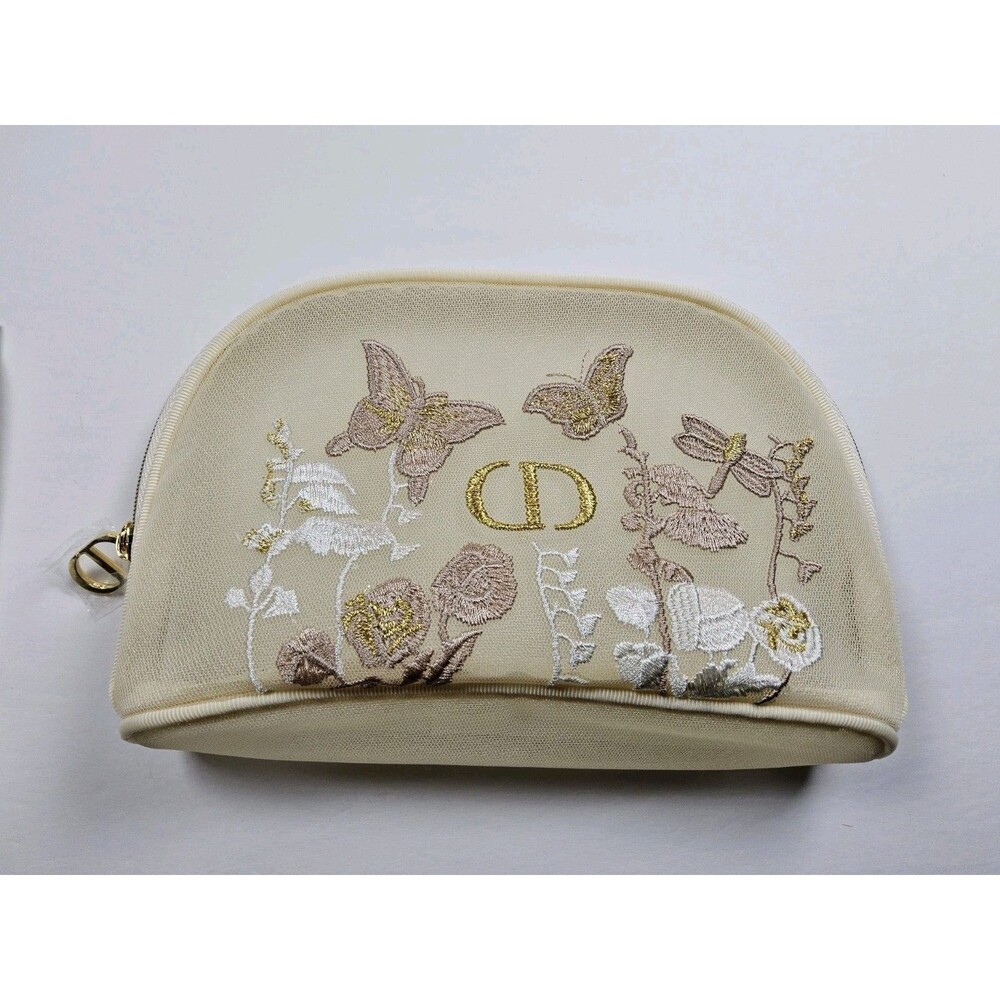 DIOR GWP Floral Butterfly Embroidered Mesh Pouch Cosmetics Makeup Bag